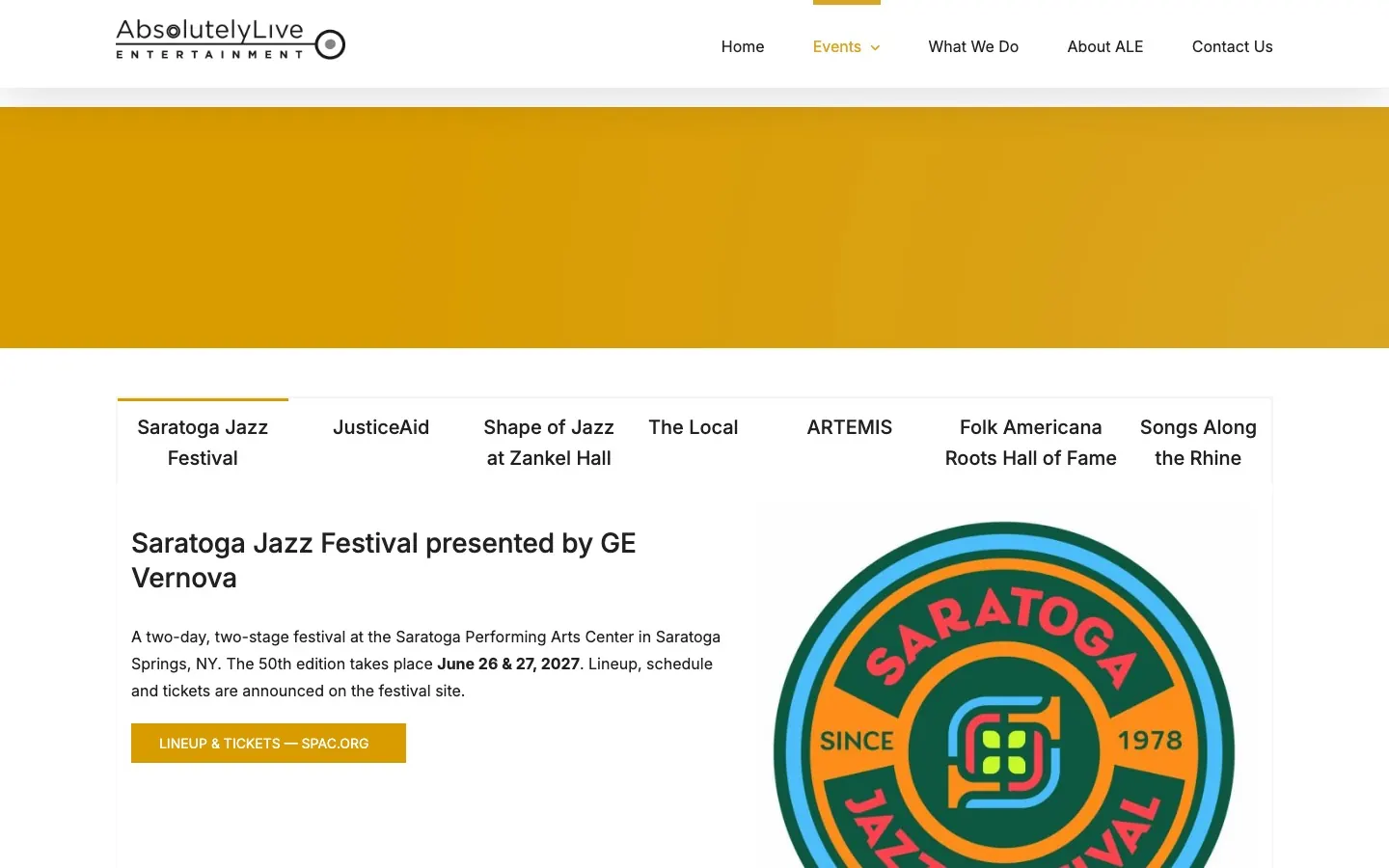 Absolutely Live Entertainment Events page with seven program tabs, Saratoga Jazz Festival open with dates and a tickets button