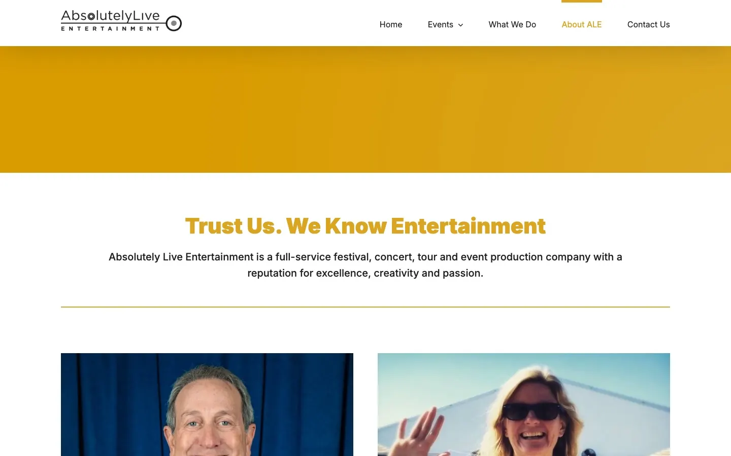 Absolutely Live Entertainment About page with the company line and team photos