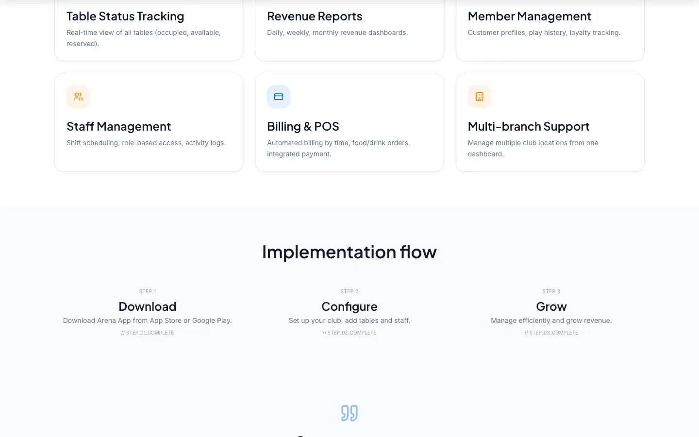 Club management features: tables, revenue reports, staff, billing, branches
