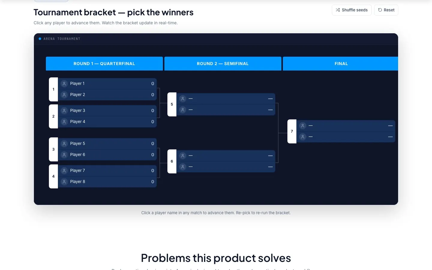 Tournament platform: live bracket, round by round