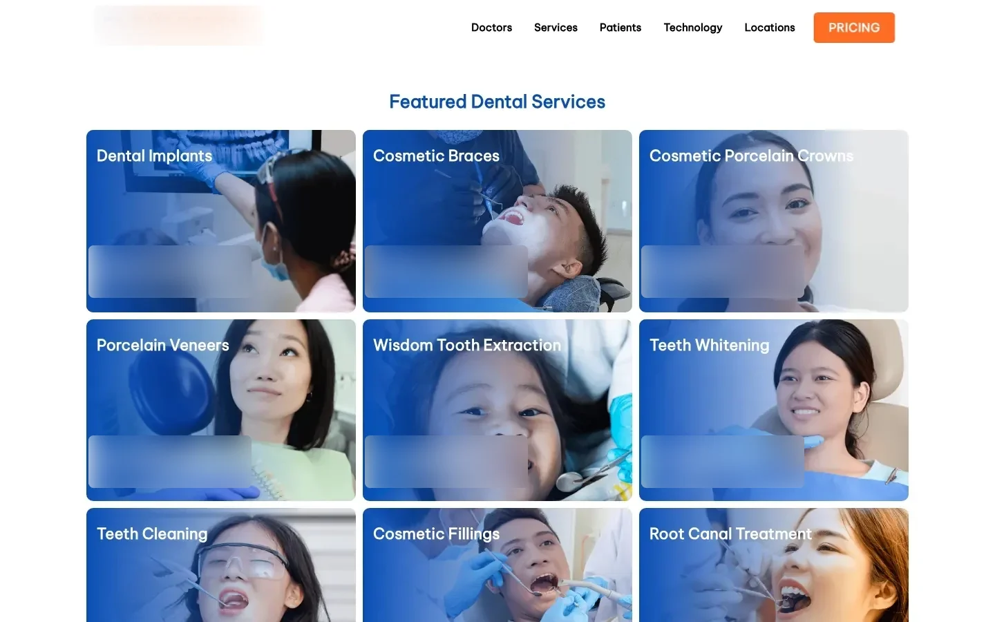 Dental clinic website home page with featured services, clinic name and prices blurred