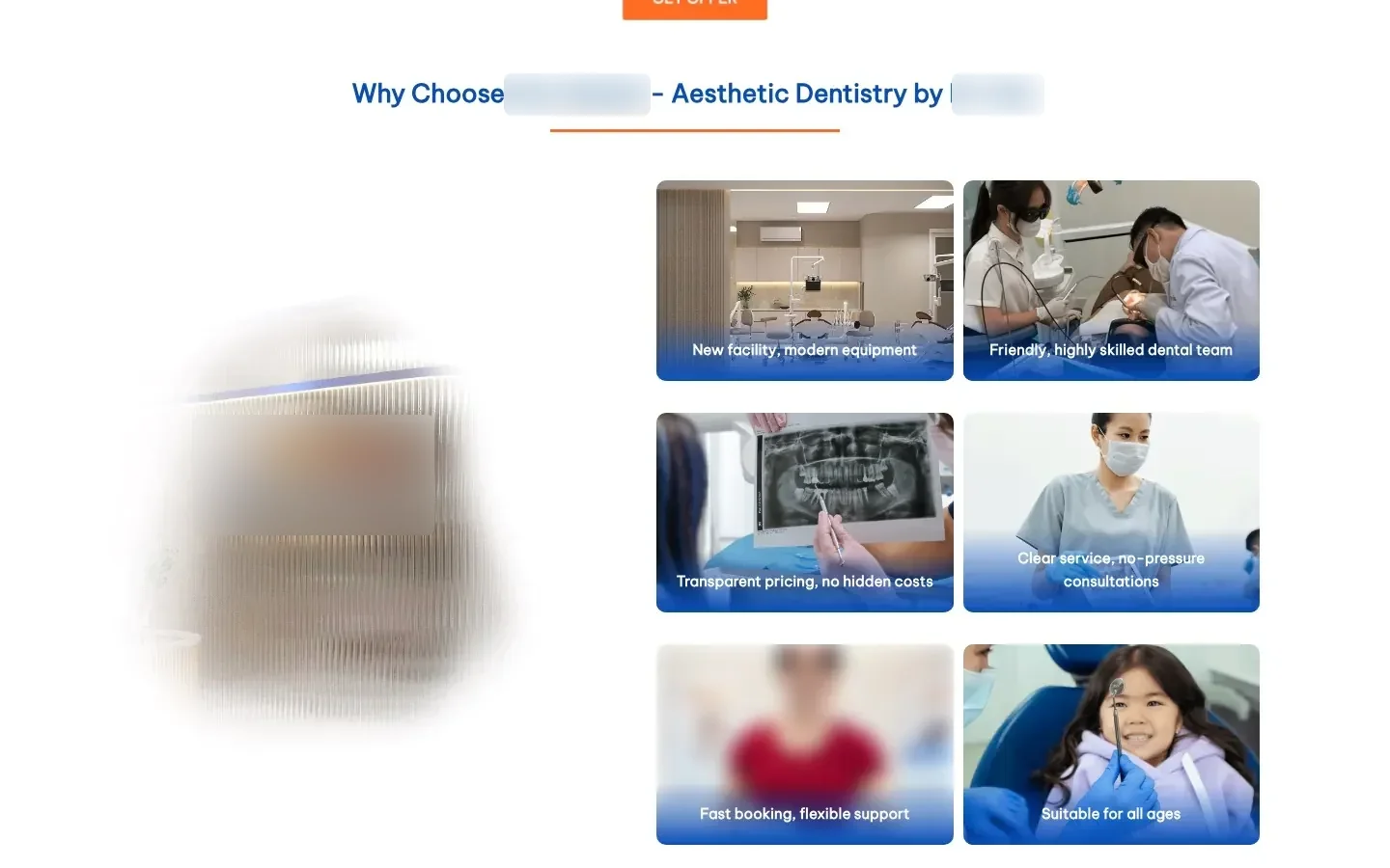 Dental clinic website section on why patients choose the clinic, clinic name blurred