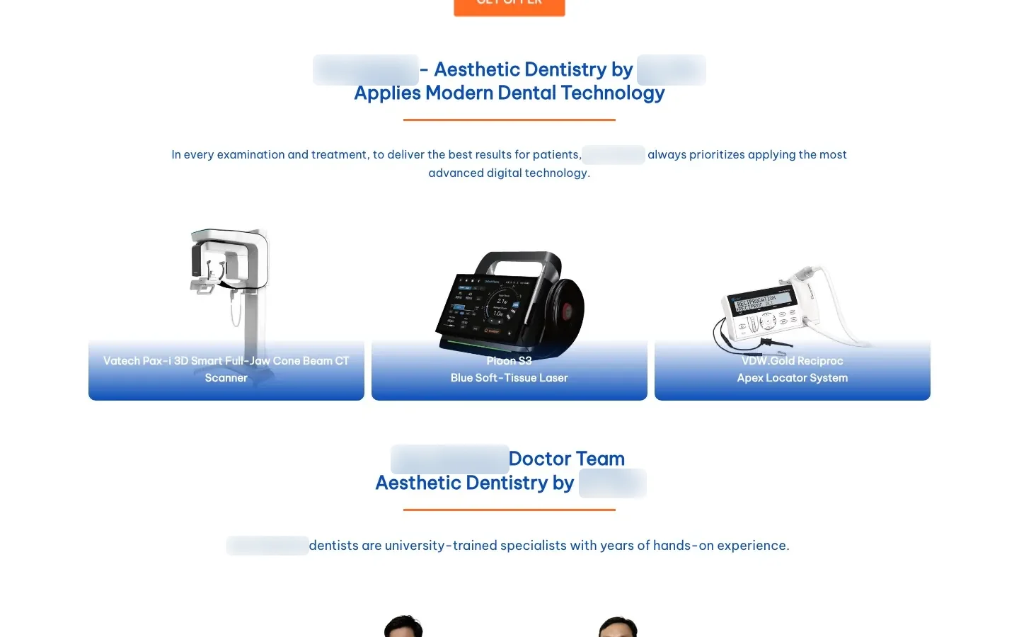 Dental clinic website section on equipment and the doctor team, clinic name blurred