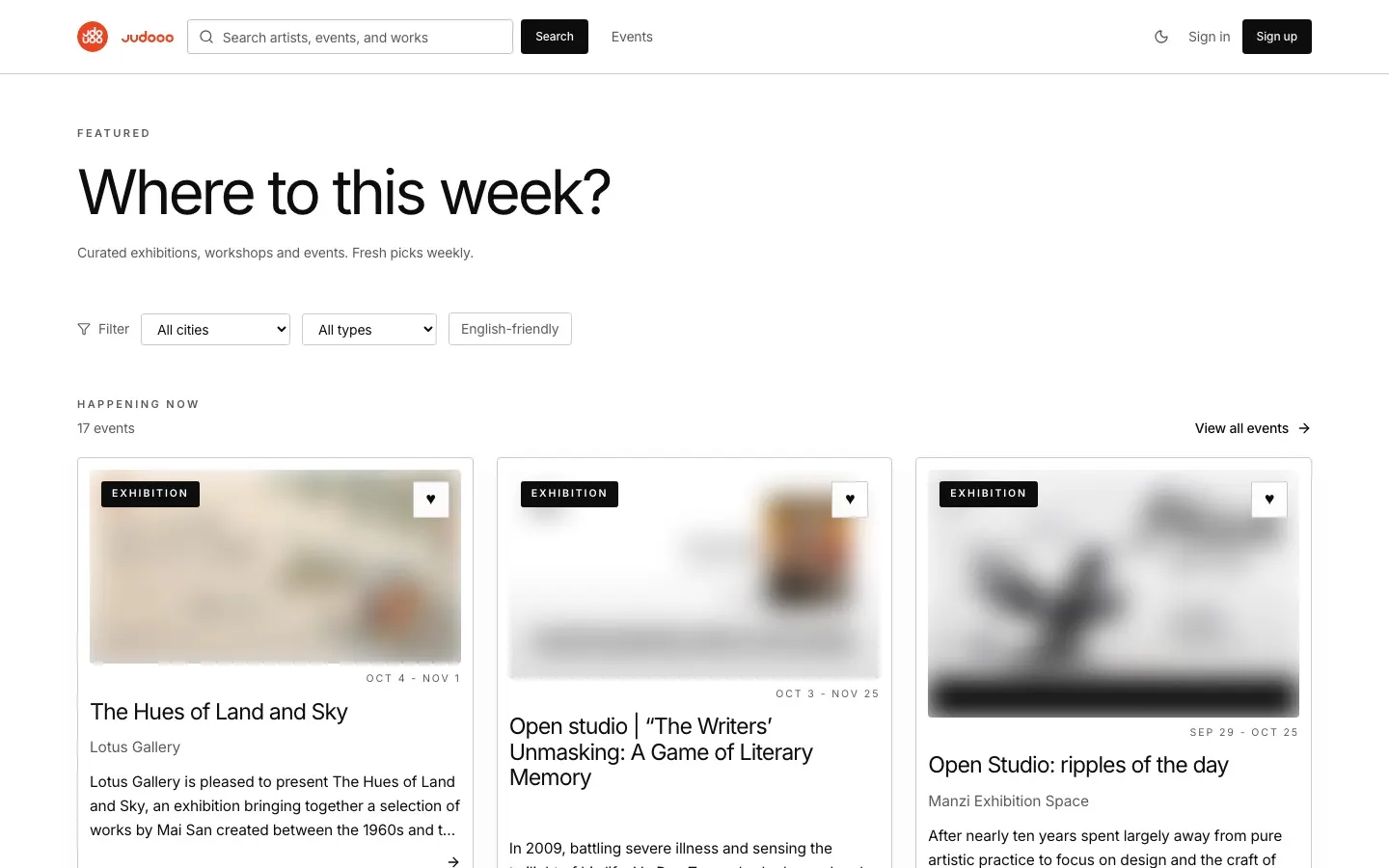 Judooo events guide showing this week's exhibitions
