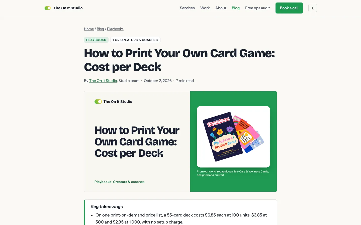 Blog post page How to Print Your Own Card Game: Cost per Deck, with a cover showing a Yogapalooza card deck we designed