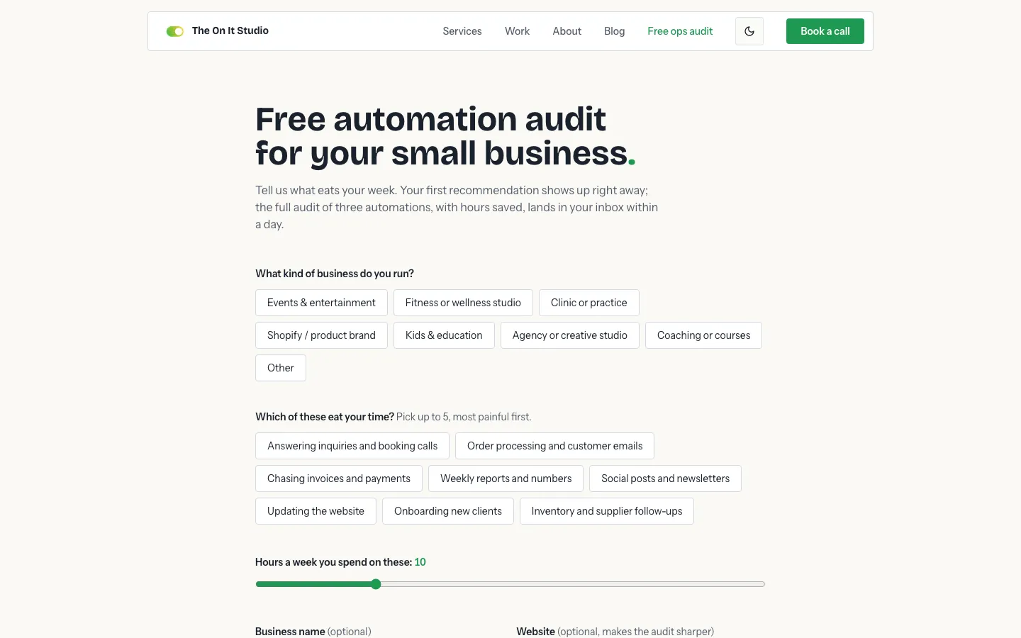 Free automation audit form asking the type of business, the tasks that eat the week and hours spent
