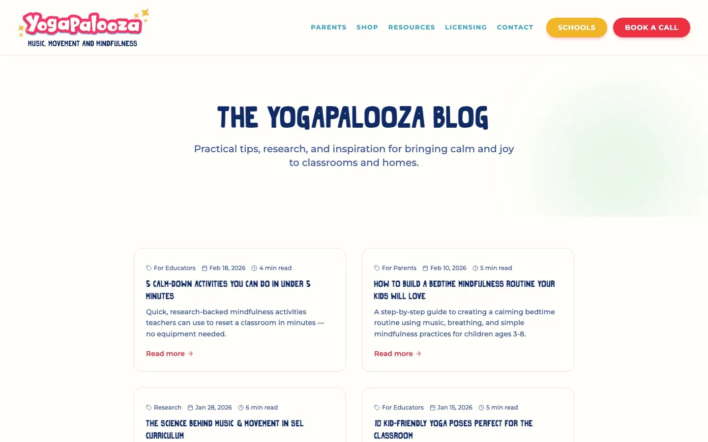 Yogapalooza blog listing page the brand team publishes to without a developer