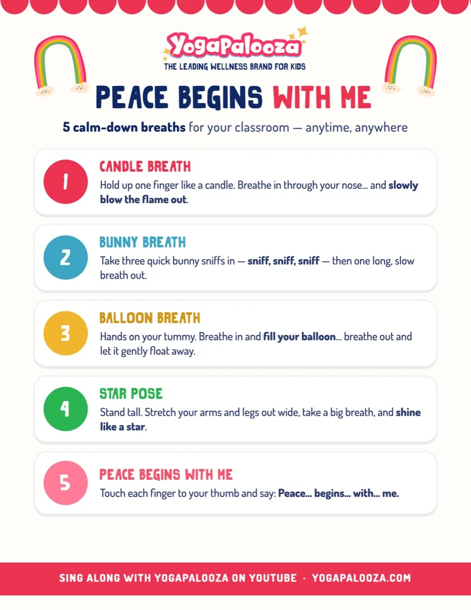 Yogapalooza Peace Begins With Me card listing five calm-down breaths for the classroom