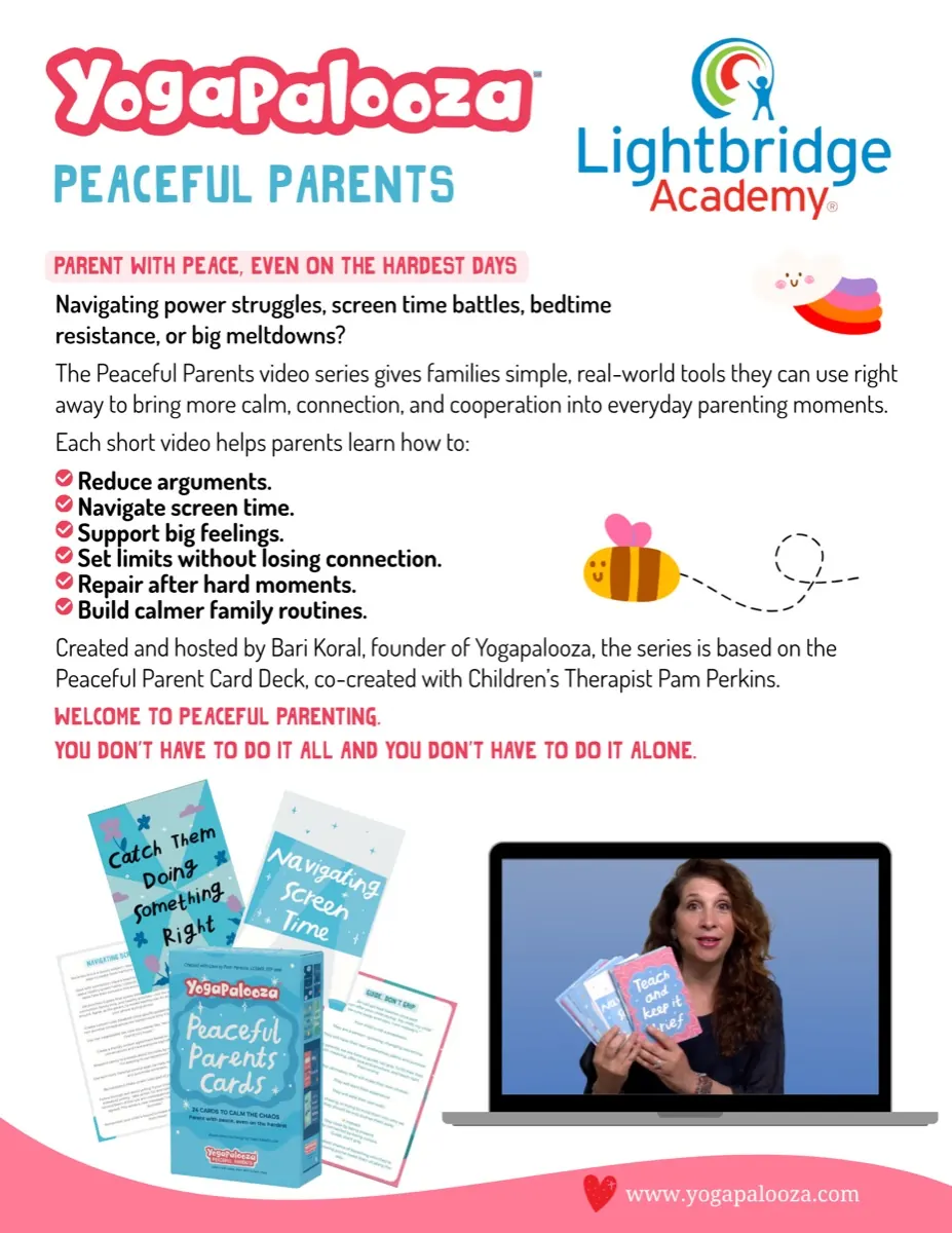 Peaceful Parents flyer co-branded for a childcare partner, showing the card deck and a video still
